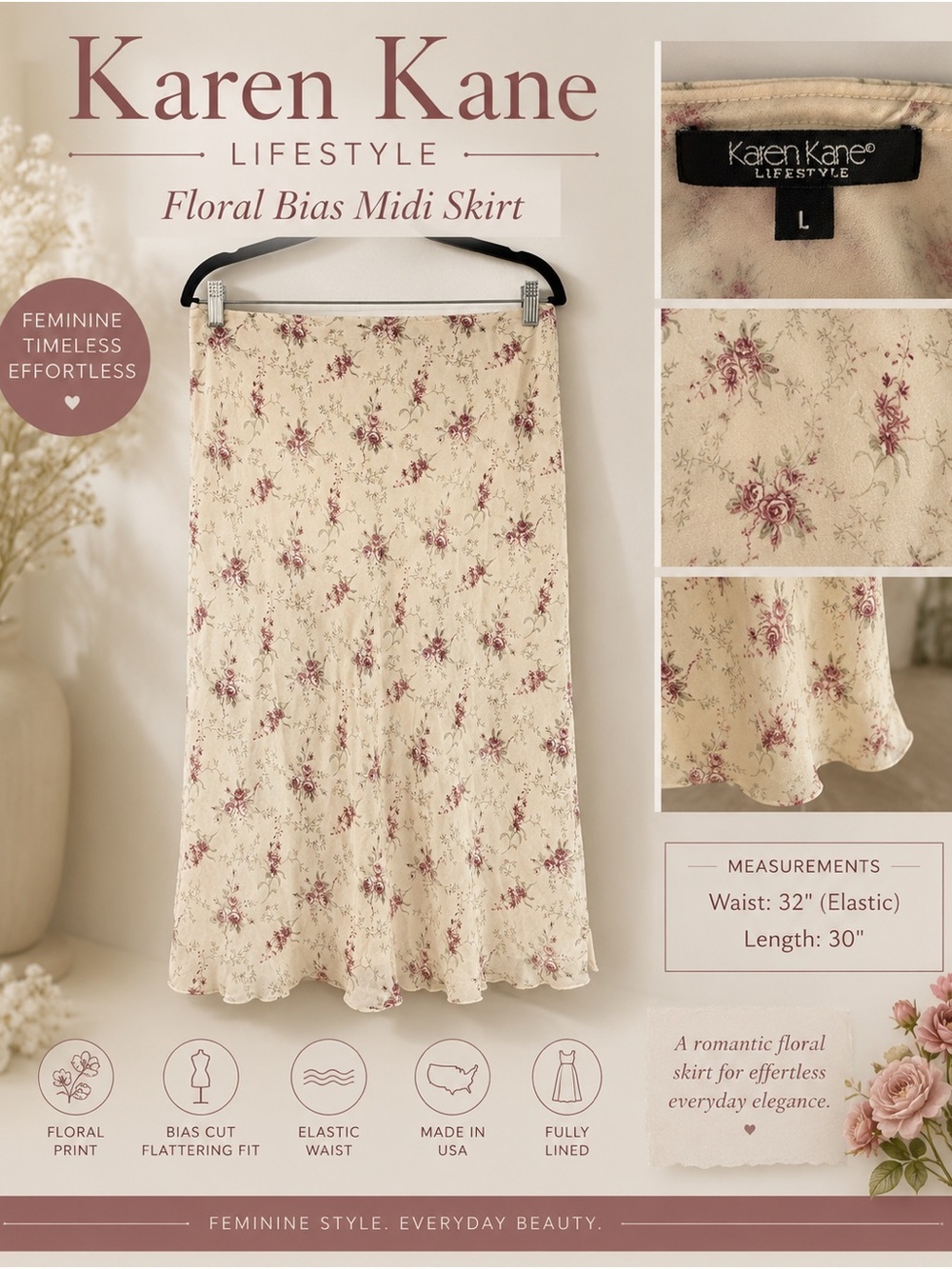 Karen Kane Lifestyle Floral Bias Cut Midi Skirt Ivory Pink Size Large USA
